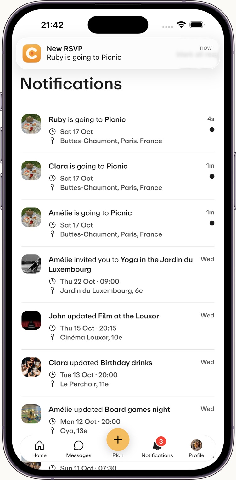 Les notifications Catchup au fur et à mesure que les amis répondent au pique-nique